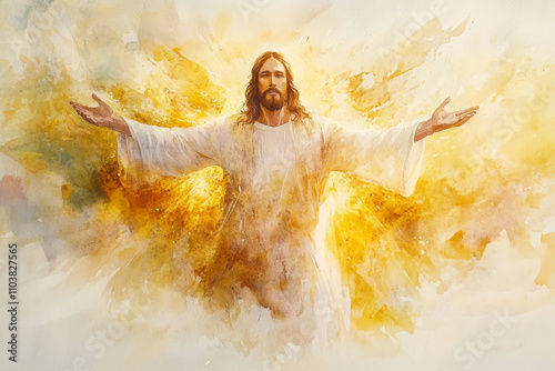 A depiction of Jesus with open arms, surrounded by light, welcoming all who come to him. The watercolor uses golden hues and soft light to create an inviting, peaceful atmosphere.