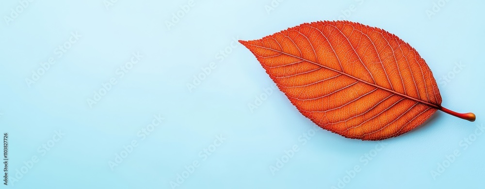 Close-up of a single vibrant orange leaf with detailed veins against a soft blue background, showcasing simplicity and nature.