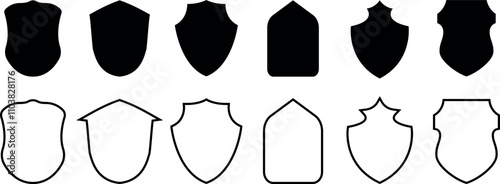 Set of vector shields.  Protect shield security line icons. Badge quality symbol, sign, logo or emblem. Collection of security shield icons. Different shields in black for your design.