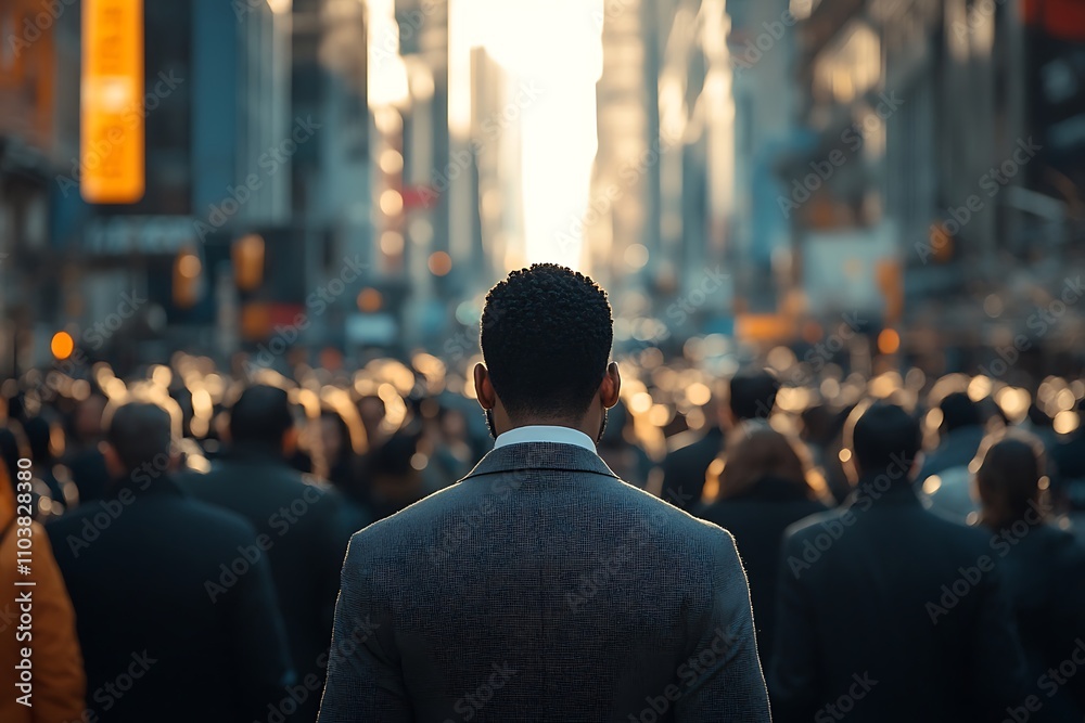 Diverse City Crowd Businessman Walking at Golden Hour