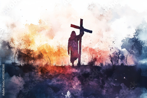 In this emotional digital watercolor illustration, Jesus takes up His cross, stepping forward with quiet strength. The colors are gentle yet powerful, with light illuminating His figure against a