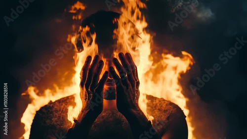 A person battles through intense emotions surrounded by flames, symbolizing inner turmoil and conflict