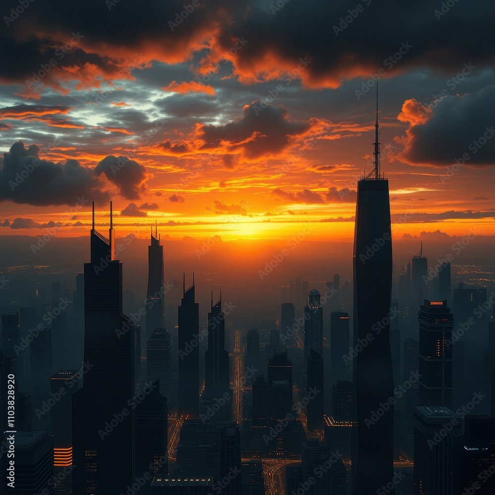 Dark gray background with a futuristic cityscape at sunset, sunset, cityscape Dark gray background with a futuristic cityscape at sunset, sunset, cityscape