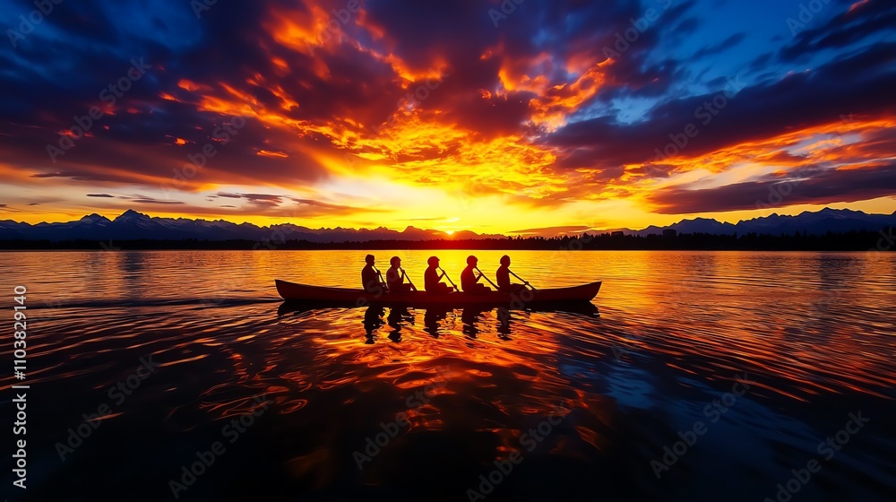 Fototapeta premium Silhouetted rowers on a lake at sunset, vibrant colors reflecting on the water.
