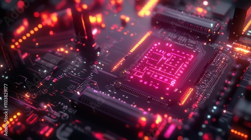 Close-up of a glowing pink central processing unit (CPU) on a circuit board with red lights.