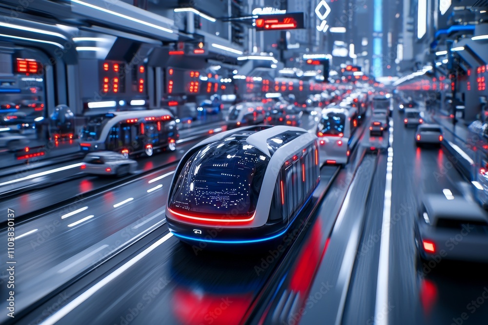 Self-driving vehicle, white self-driving public bus service, stock.