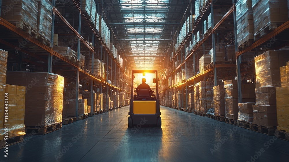 A forklift operator navigates a warehouse at sunset, showcasing industrial logistics. A forklift operator navigates a warehouse at sunset, showcasing industrial logistics.