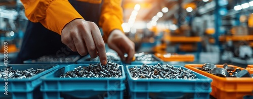 Close-up of a worker in an orange uniform sorting bolts and screws in blue trays, emphasizing precision, organization, and industrial labor.