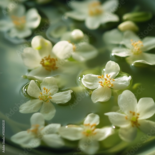Floating jasmine flowers in calm water