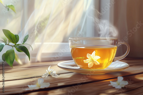 Jasmine green tea in a glass cup near a sunny window