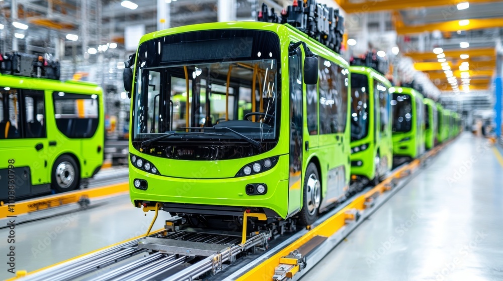Obraz premium Electric Bus Fleet - A row of electric buses parked at a depot, showcasing the shift towards public transport electrification. Stock illustration.