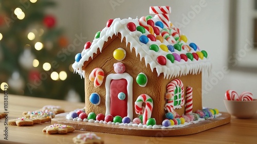 A festive gingerbread house decorated with candy and icing on a wooden tabledecorated by cookies photo