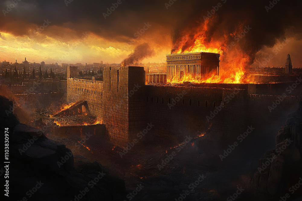Fototapeta premium A digital painting depicting the destruction of the Temple of Jerusalem on Tisha B'Av, with flames rising from the ruins as the holy city succumbs to fire and chaos. The dark, stormy skies reflect the