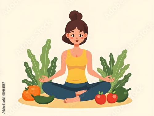 Woman meditating surrounded by fresh fruits and vegetables