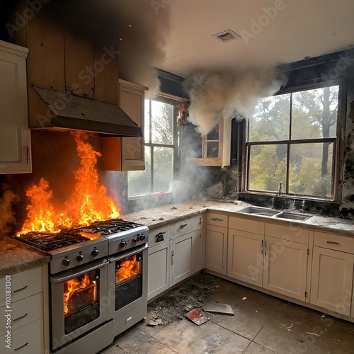 kitchen fire, house fire, home fire, kitchen blaze, flames, smoke, damage, destruction, disaster, emergency