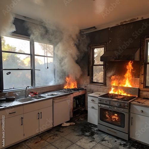 kitchen fire, house fire, home fire, kitchen blaze, flames, smoke, damage, destruction, disaster, emergency