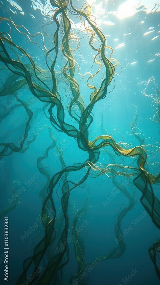 Seaweed and kelp swaying in the ocean currents, surf, aquatic Seaweed and kelp swaying in the ocean currents, surf, aquatic