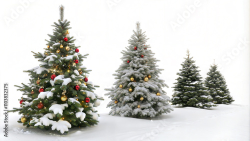 Snow-covered Christmas trees with ornaments and lights outdoors.