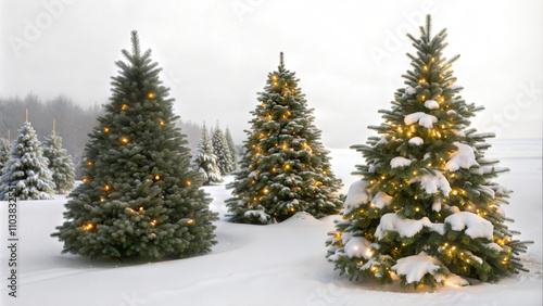 Frosty Christmas trees glowing with lights in snowy setting.