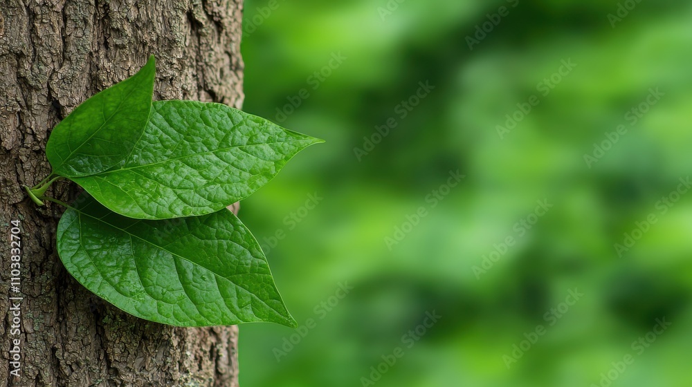 A close-up of green leaves against a blurred tree trunk, showcasing nature's beauty and tranquility. A close-up of green leaves against a blurred tree trunk, showcasing nature's beauty and tranquility.