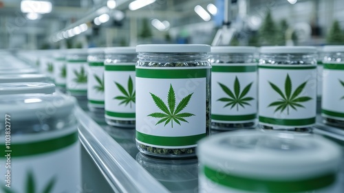 Row of labeled cannabis jars on a conveyor belt in a production facility, emphasizing packaging, medical use, and industrial processing.