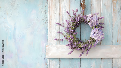 beautiful lavender wreath adorned with purple flowers hangs gracefully on rustic wooden door, creating serene and inviting atmosphere
