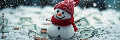 Festive Snowman in a Snowstorm of Cash - Festive snowman, red hat and scarf, surrounded by money, snow, winter, wealth, holiday.