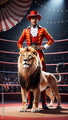 A bold depiction of a lion tamer in the circus ring their confident posture and fiery outfit commanding both respect and awe photo