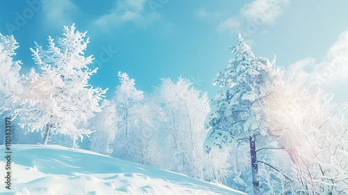 Wallpaper Mural Winter Christmas idyllic landscape with white trees covered in snow, snowdrifts, and snowfall against a blue sky. Blue tones. Torontodigital.ca