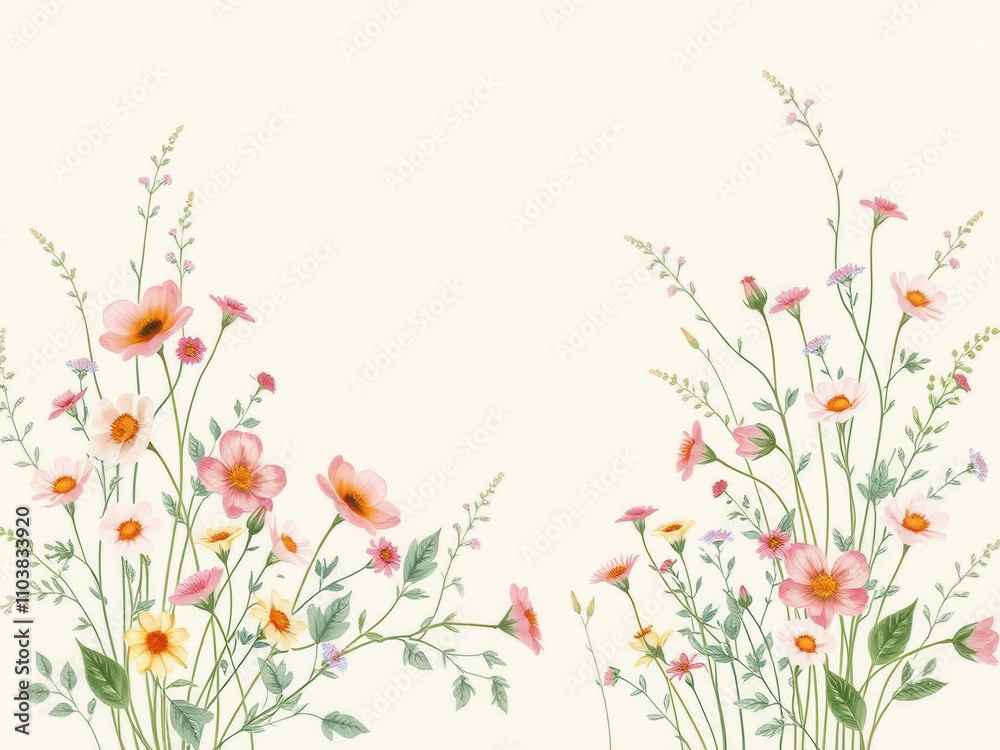 Whimsical Floral Pattern on Linen Canvas Background, whimsical, garden party, botanical art, floral wreath