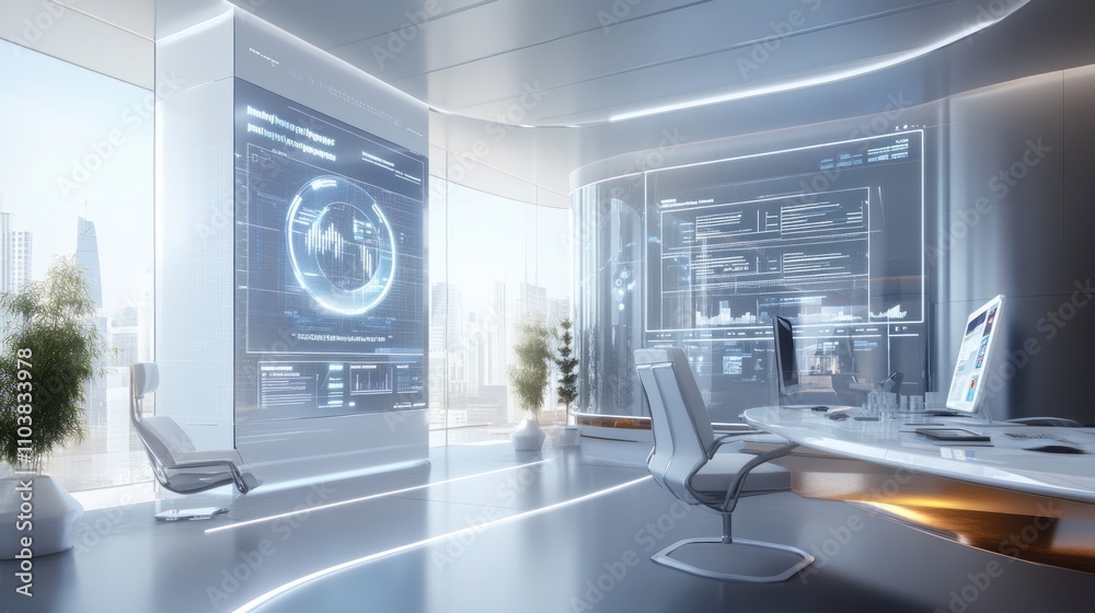 Futuristic office interior with holographic displays, modern furniture, and city view. Futuristic office interior with holographic displays, modern furniture, and city view.