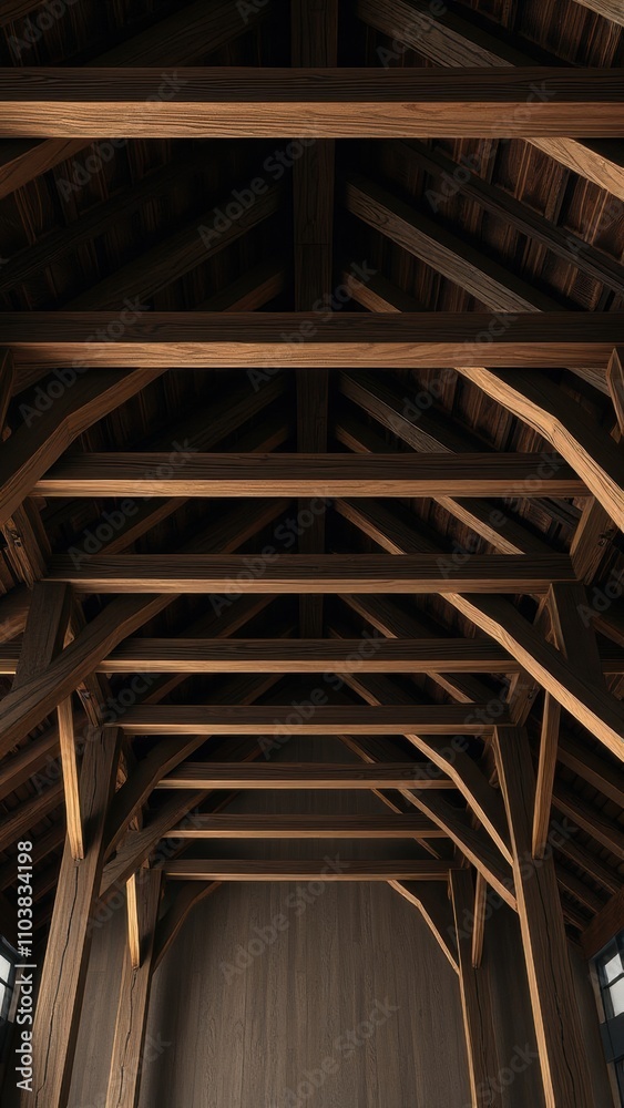 Wooden beam structure with exposed dark wood studs, industrial decor, dark wood, warehouse interior Wooden beam structure with exposed dark wood studs, industrial decor, dark wood, warehouse interior