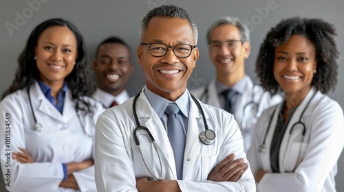 A team of five healthcare professionals stands together, smiling confidently. Their white coats and stethoscopes reflect their dedication to patient care and teamwork in a medical environment.