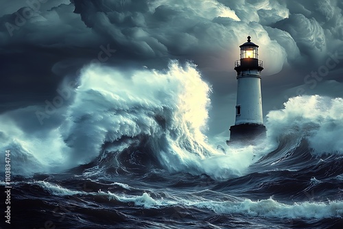 Big waves over the lighthouse at theocean photo