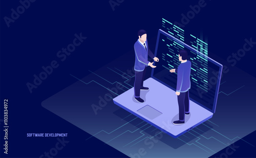 Software development and programming with code on a laptop screen, highlighting big data processing, computing, and collaboration with two businessmen and a team leader in isometric style