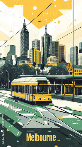 A dynamic, flat vector-style poster of Melbourne, Australia. Highlight the city skyline, with Flinders Street Station and trams in the foreground.  photo