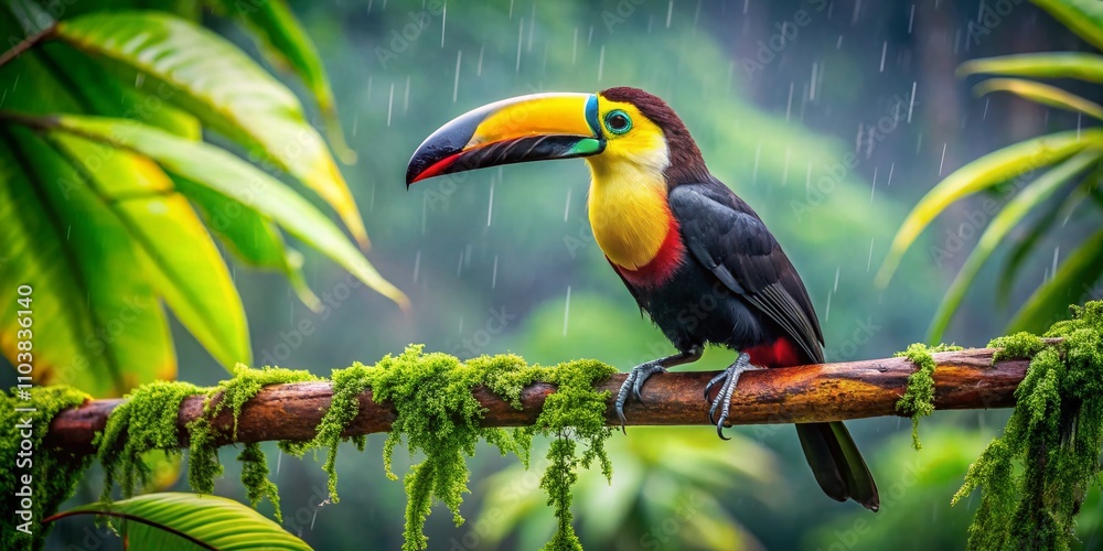 Naklejka premium Stunning Chestnut-mandibled Toucan with Open Bill in Tropical Rainforest Surrounded by Lush Greenery and Vibrant Wildlife, Captured in a Beautiful Nature Scene