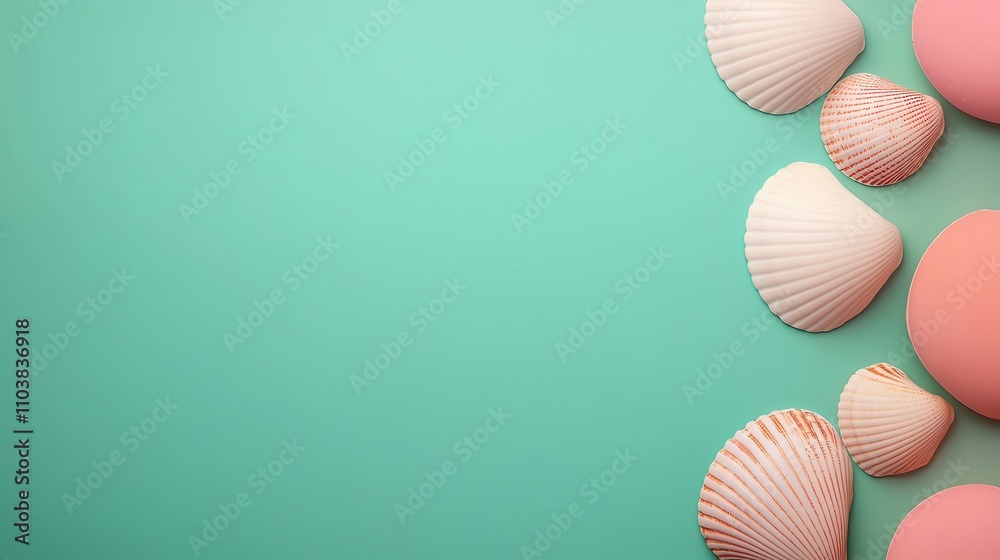 A serene arrangement of seashells and smooth stones against a soft turquoise background, evoking a calming coastal vibe. A serene arrangement of seashells and smooth stones against a soft turquoise background, evoking a calming coastal vibe.
