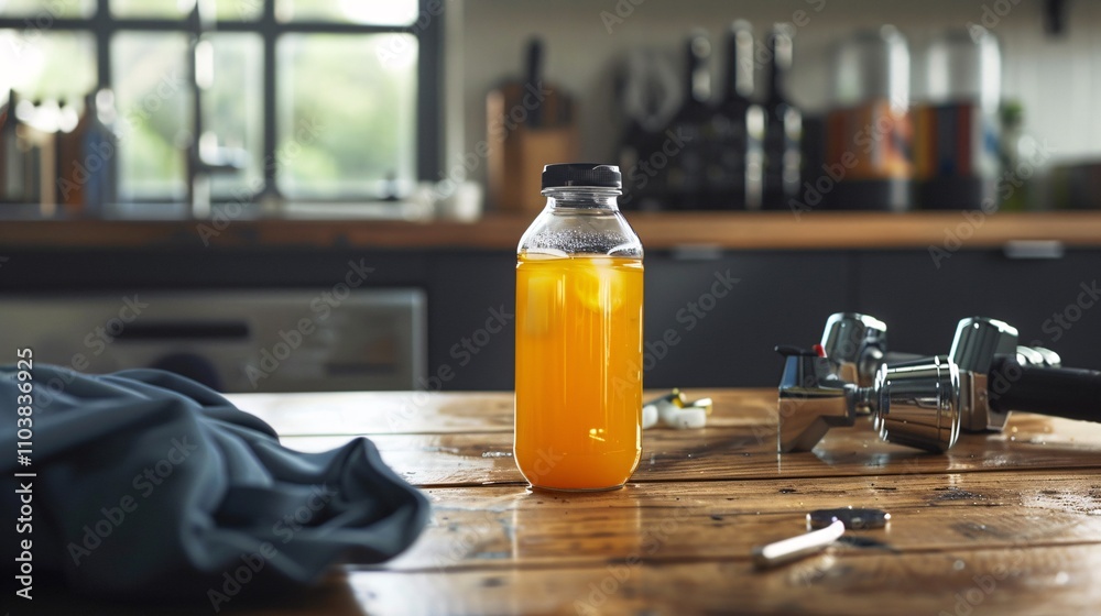 Obraz premium Closeup of a vibrant orange juice bottle on a wooden table surrounded by fitness accessories such as dumbbells The image conveys a healthy wellness focused lifestyle with a minimalist modern style