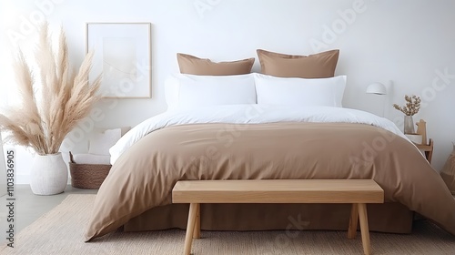 Neutral minimalist bedroom featuring a cozy bed with warm-toned linens, a wooden bench, simple decor, and natural lighting for a relaxing environment