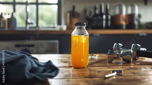 Closeup of a vibrant orange juice bottle on a wooden table surrounded by fitness accessories such as dumbbells  The image conveys a healthy wellness focused lifestyle with a minimalist modern style photo