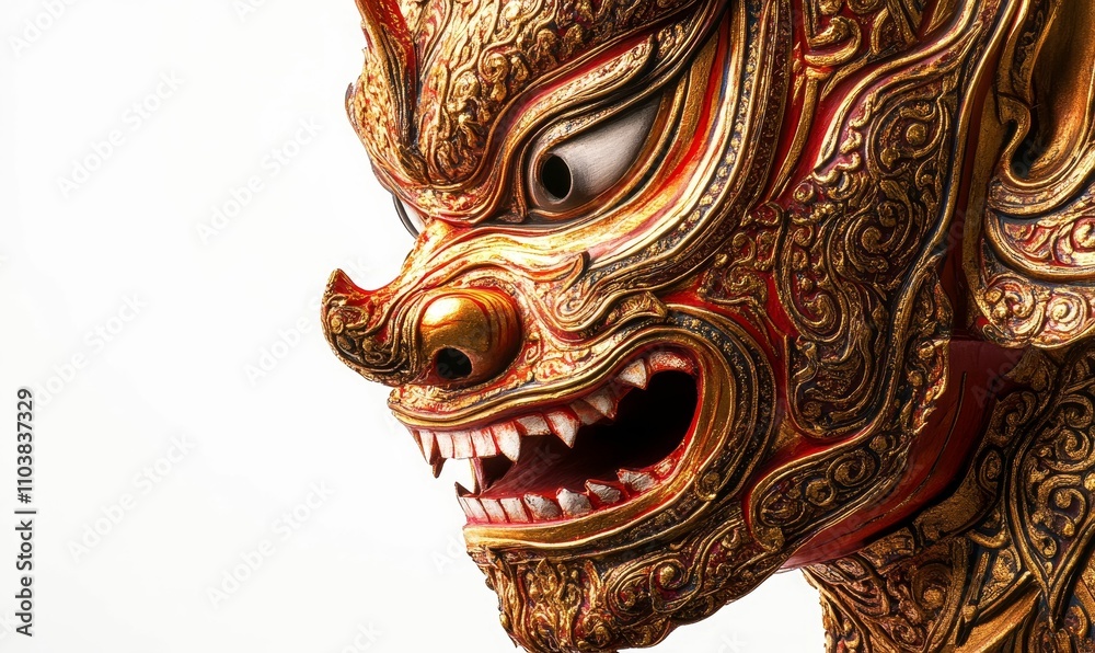 Ornate, red, gold, dragon mask; intricate detail. Ornate, red, gold, dragon mask; intricate detail.