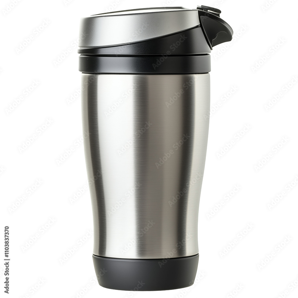 Stainless steel travel mug. isolated on a white background. Silver chrome travel mug with black plastic details, PNG file on transparent background. Stainless steel travel mug. isolated on a white background. Silver chrome travel mug with black plastic details, PNG file on transparent background.