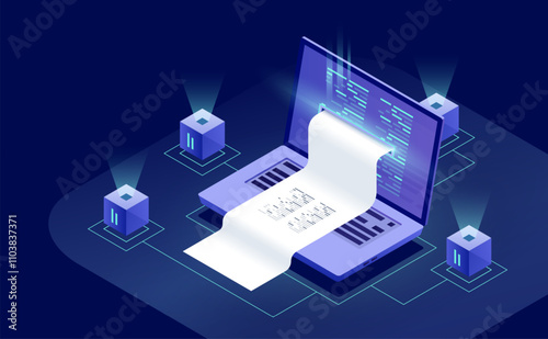 Electronic billing, online payment systems, financial reporting concepts, and program code, presented in a sleek, neon-dark isometric vector design