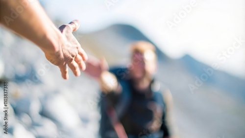 Helping Hand Blur – A man extending his hand to a friend on a blurred rocky mountain slope.	
