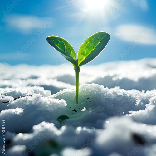 A small green sprout emerging from the ground, with white snow surrounding where it grows and sunlight shining through, set against a blue sky background.