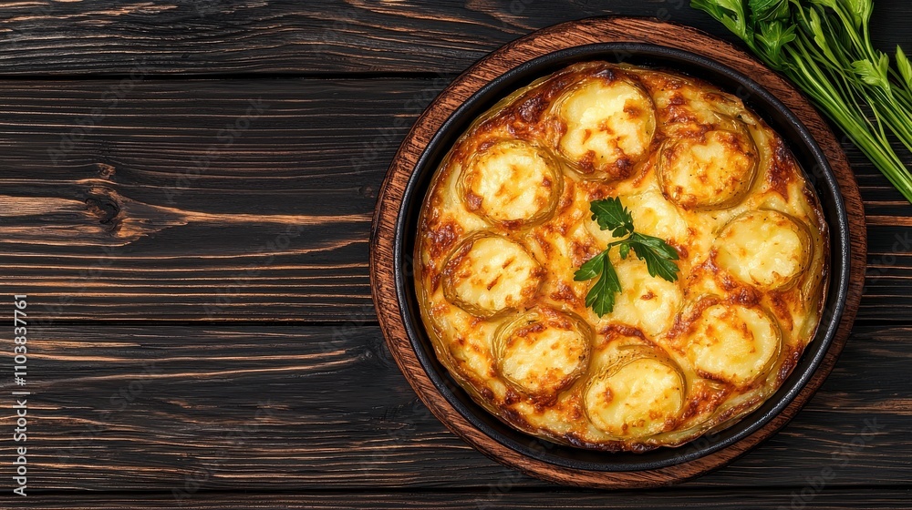 A delicious baked dish featuring golden, cheesy toppings and garnished with fresh herbs, served in a rustic bowl. A delicious baked dish featuring golden, cheesy toppings and garnished with fresh herbs, served in a rustic bowl.
