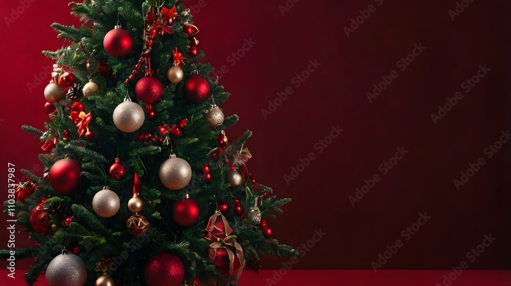 christmas tree with decoration with copy space in red background christmas tree with decoration with copy space in red background
