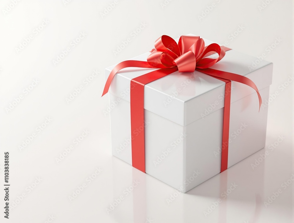 Beautifully wrapped white gift box with a shiny red ribbon bow, luxurious, celebration, wrapped, shiny Beautifully wrapped white gift box with a shiny red ribbon bow, luxurious, celebration, wrapped, shiny