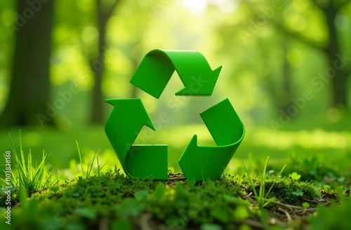 A green recycling symbol stands out against a blurred natural background, symbolizing sustainability, eco-friendly practices, and environmental awareness. Ideal for promoting green initiatives